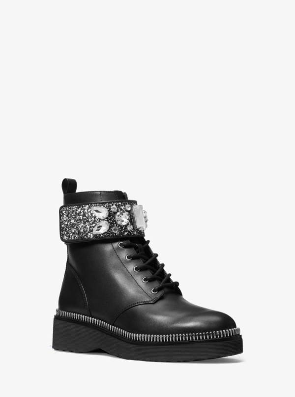 Damske Bojové topánky Michael Kors Haskell Embellished Glitter and Leather Čierne - Topanky Michael Kors Akcia | NVIOU-0786